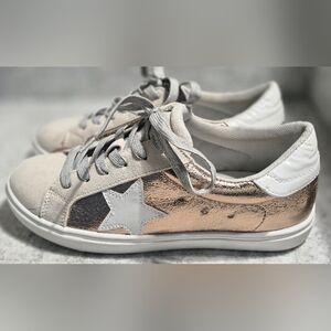 "Party" Sneakers. Shiny Copper Color Material With Beige Suede Type Material.